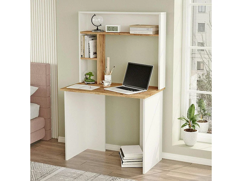 Bureau ado blanc décor bois avec rangement haut MARFA