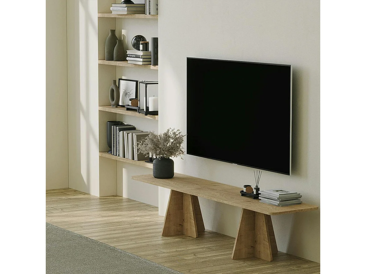 Banc TV design décor bois bords arrondis pieds croisés MARFA