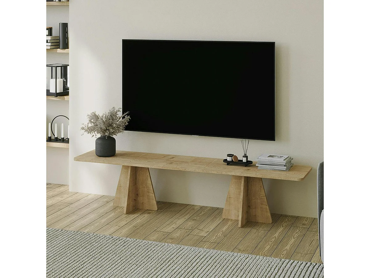 Banc TV design décor bois bords arrondis pieds croisés MARFA