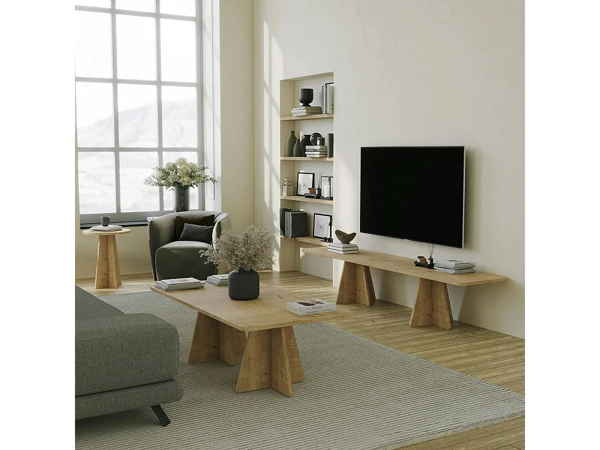 Banc TV design décor bois bords arrondis pieds croisés MARFA