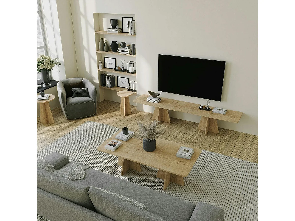 Banc TV design décor bois bords arrondis pieds croisés MARFA