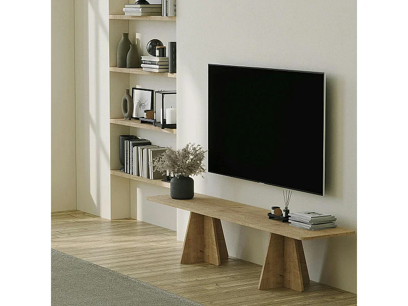 Banc TV design décor bois bords arrondis pieds croisés MARFA