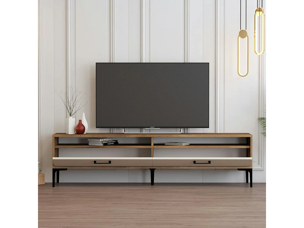 Meuble TV moderne décor bois foncé et portes crème JENA