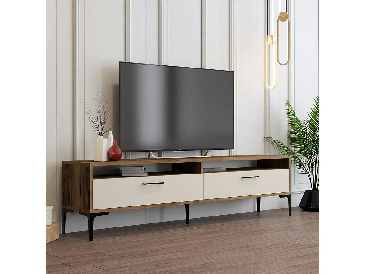 Meuble TV moderne décor bois foncé et portes crème JENA