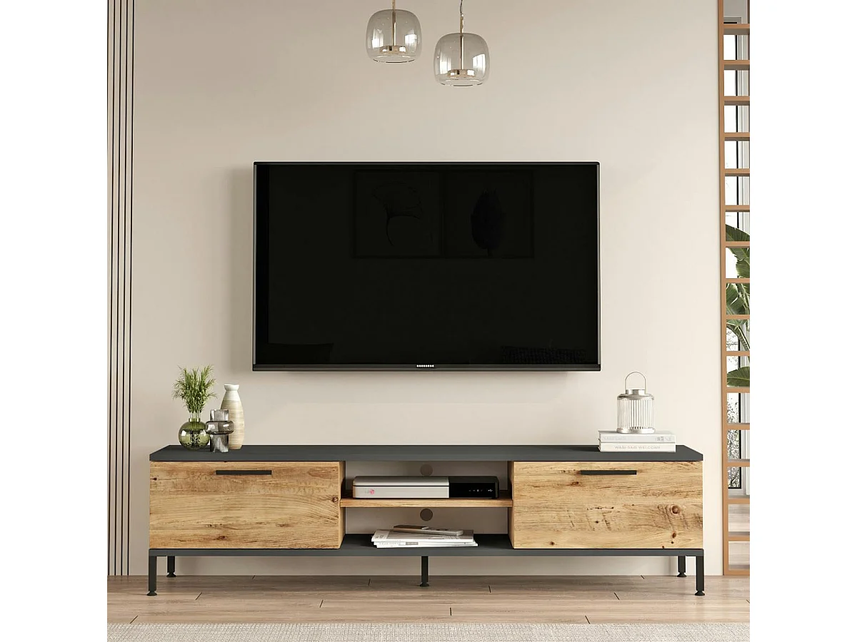 Meuble TV moderne décor bois et gris 2 portes 2 niches JENA