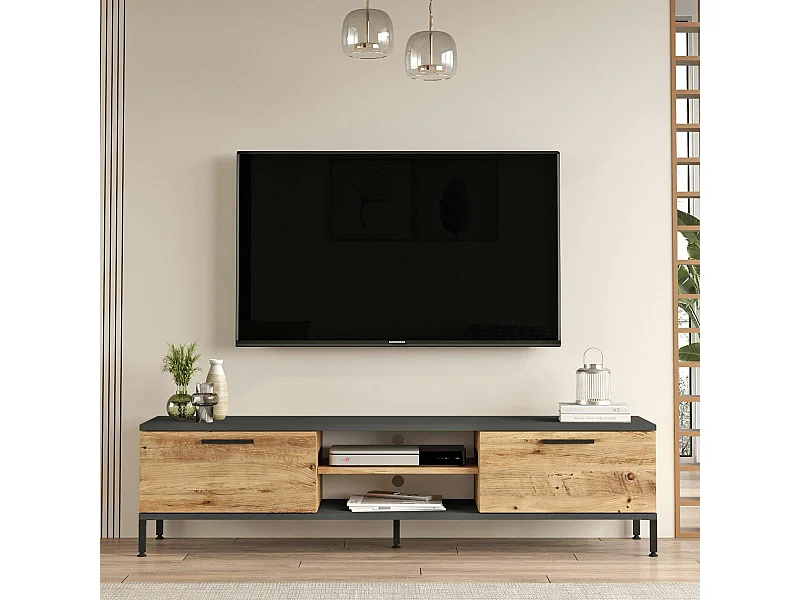 Meuble TV moderne décor bois et gris 2 portes 2 niches JENA