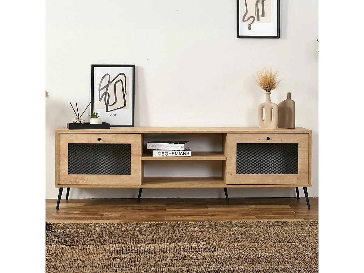 Meuble TV industriel 2 portes grillagées 2 niches JENA