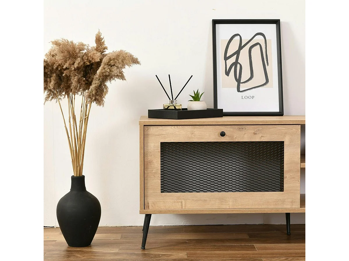 Meuble TV industriel 2 portes grillagées 2 niches JENA