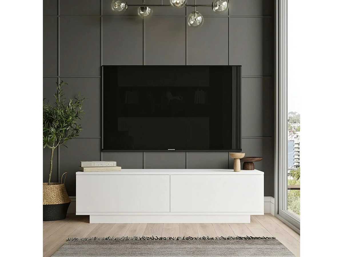 Meuble TV blanc style design 2 portes abattantes MARFA