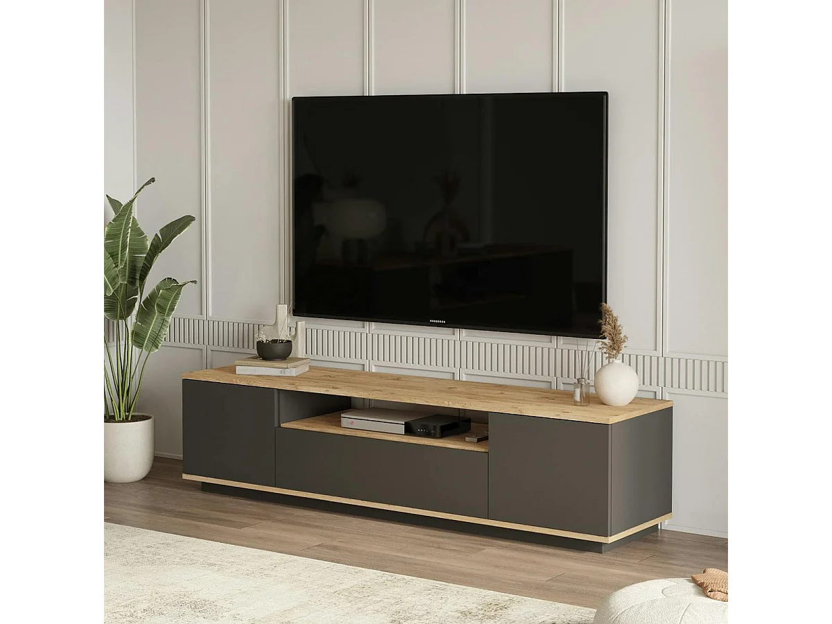 Meuble TV moderne gris et décor bois 1 niche centrale MARFA