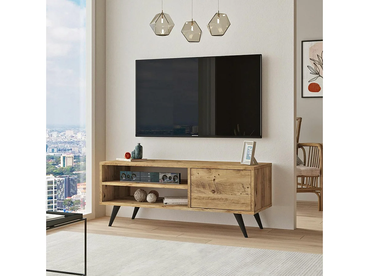 Petit meuble TV décor bois de pin avec rangement MARFA