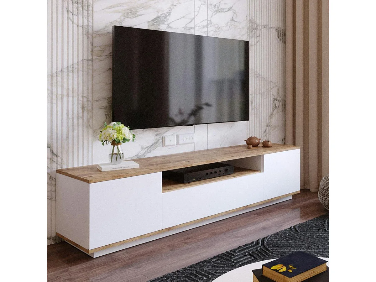 Meuble TV moderne blanc et décor bois 1 niche centrale MARFA