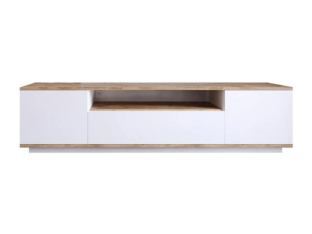 Meuble TV moderne blanc et décor bois 1 niche centrale MARFA