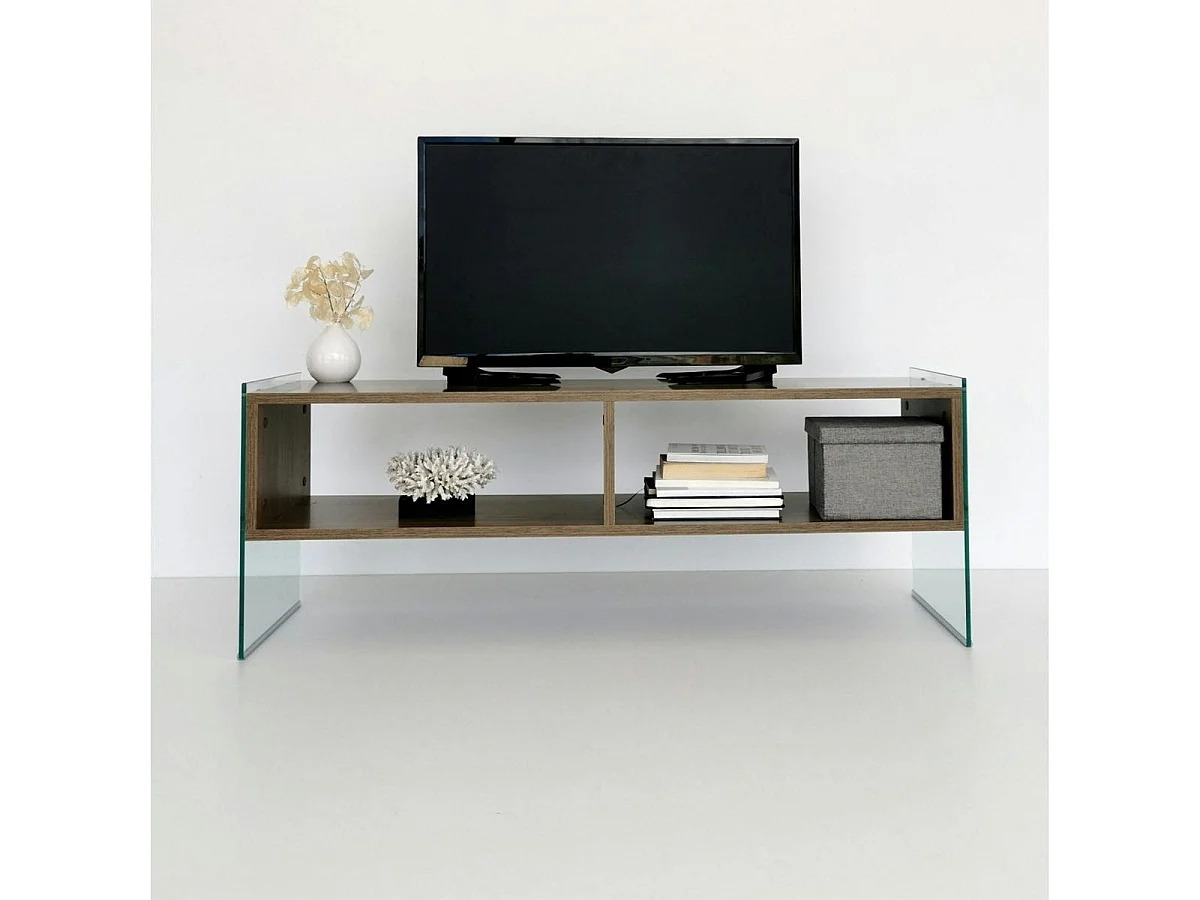 Meuble TV design montants verre et décor noyer SALTA