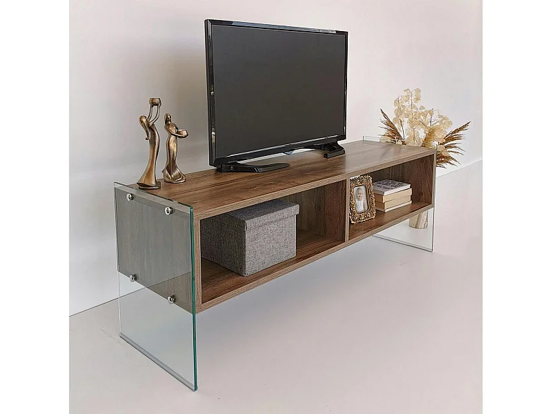 Meuble TV design montants verre et décor noyer SALTA