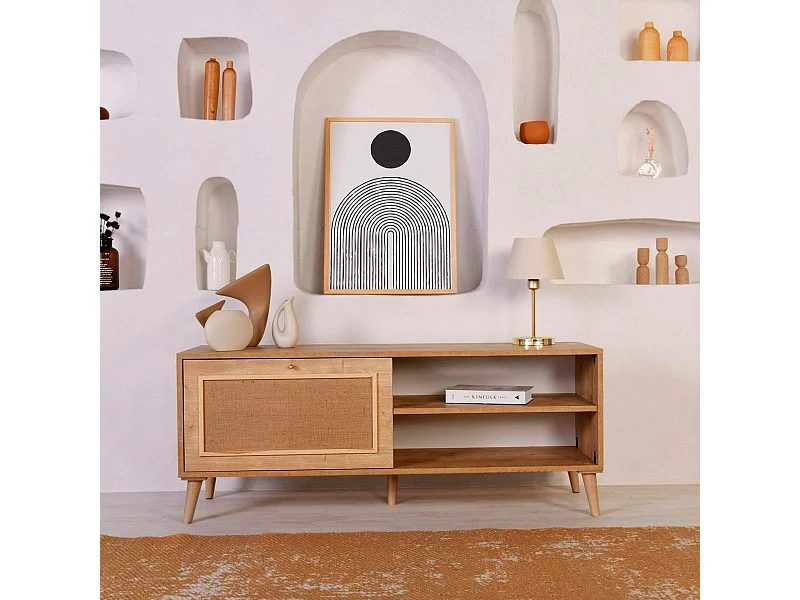 Meuble TV bohème avec porte tissu toile jute MARFA