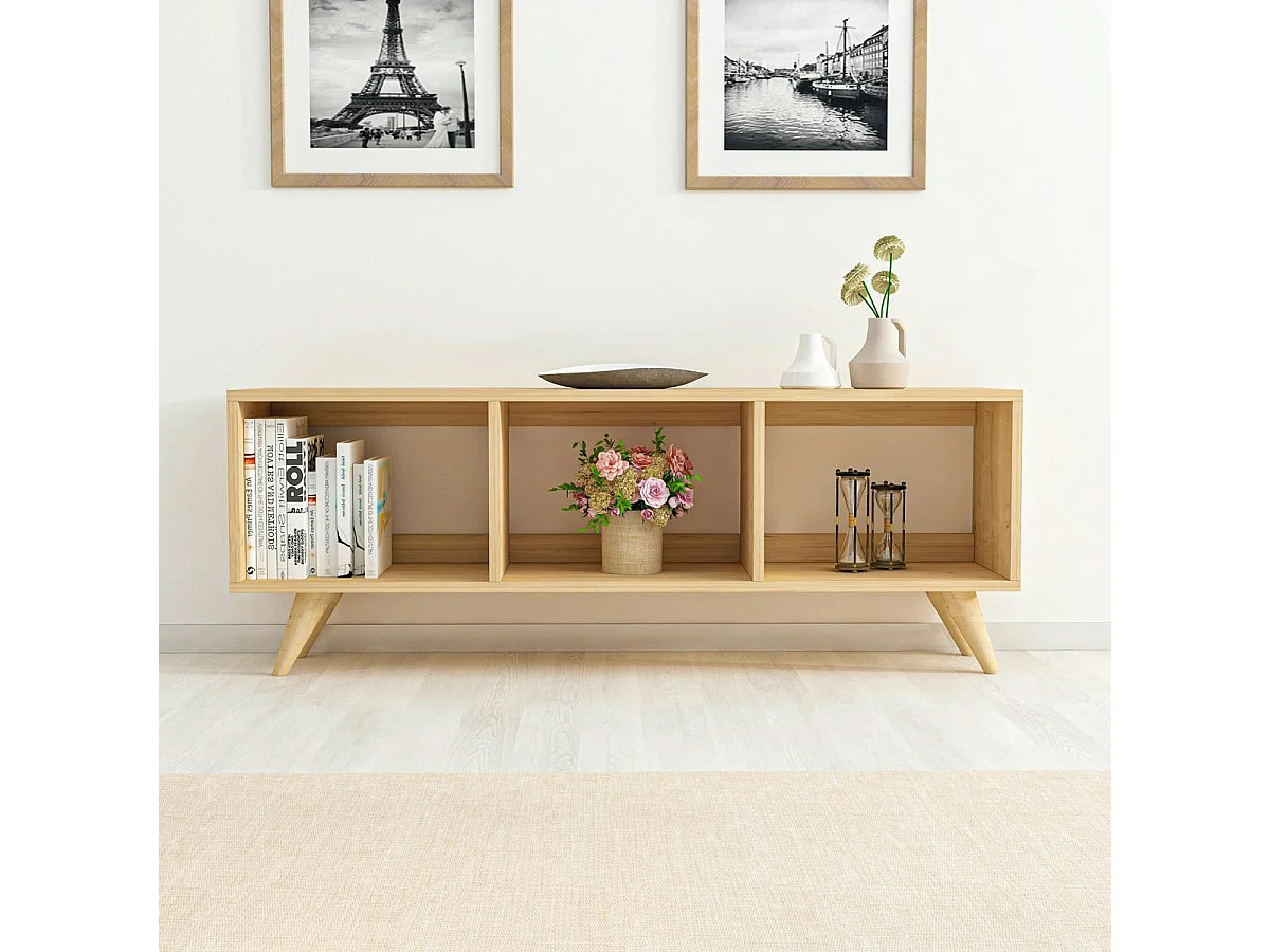 Meuble TV scandinave 3 niches ouvertes pieds obliques MARFA