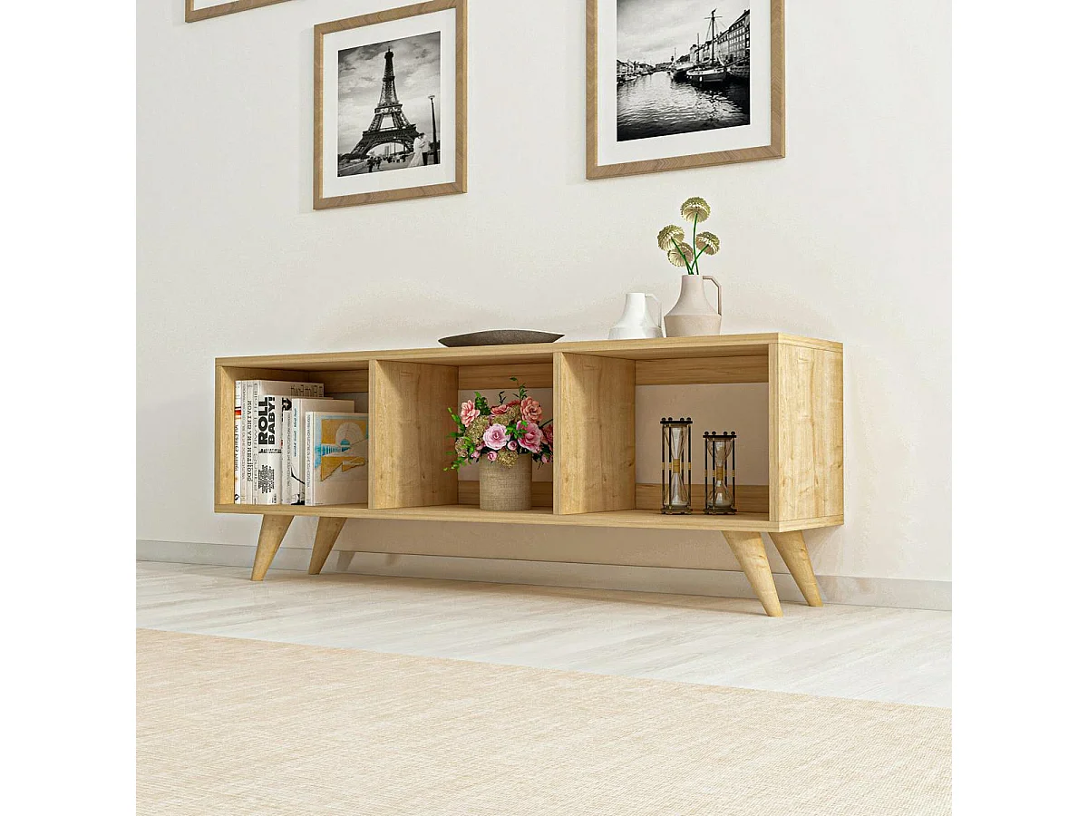 Meuble TV scandinave 3 niches ouvertes pieds obliques MARFA