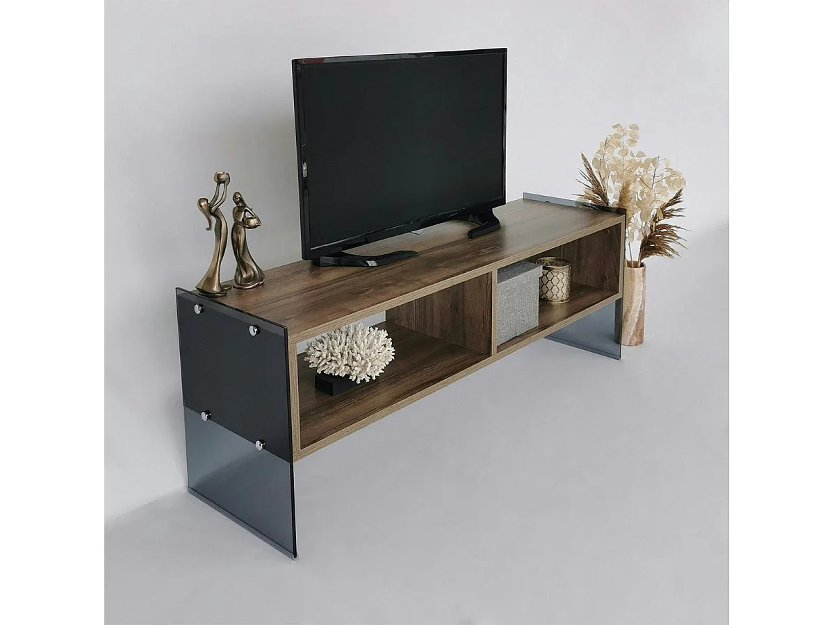 Meuble TV design montants verre fumé et décor noyer SALTA