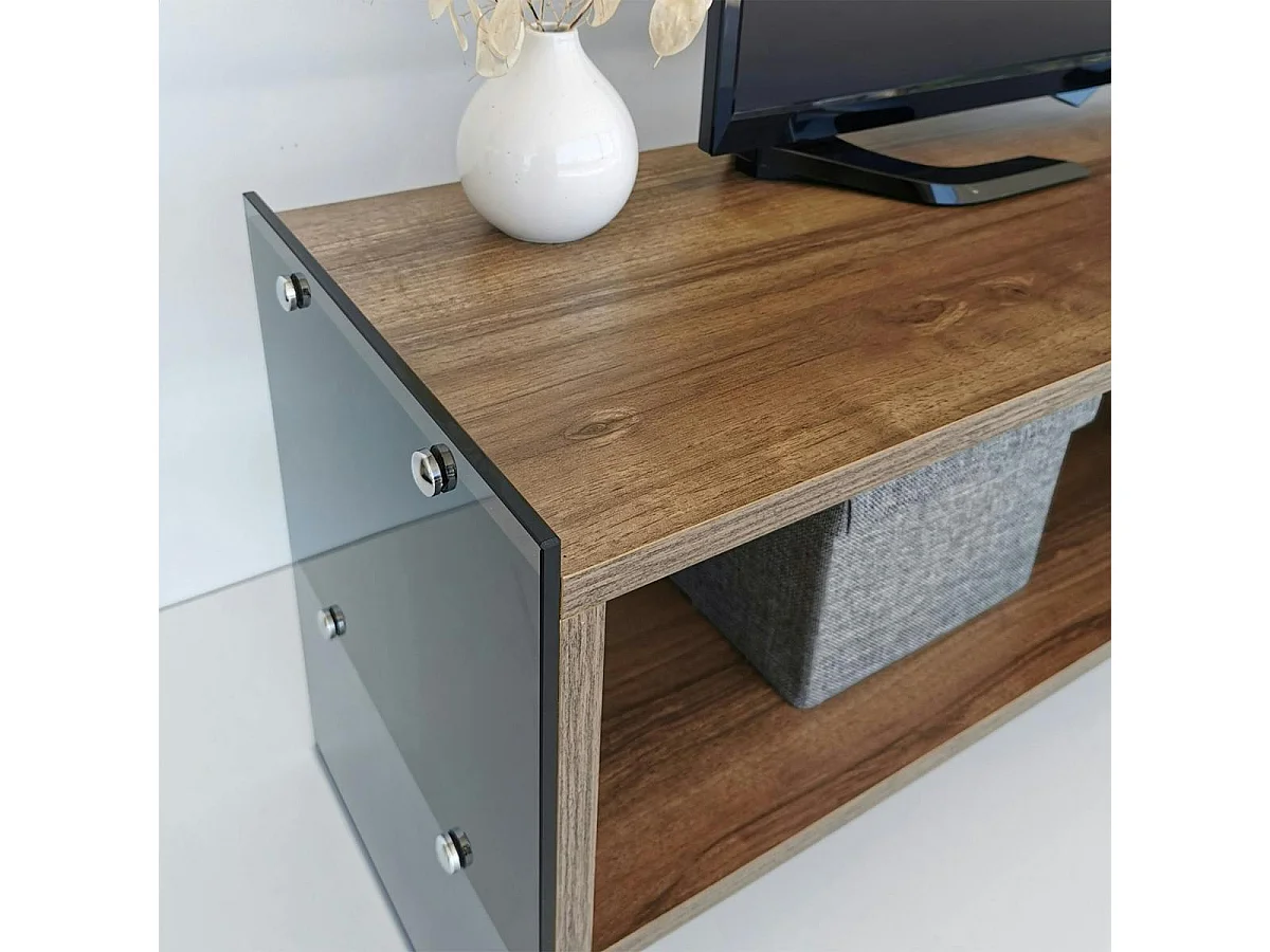 Meuble TV design montants verre fumé et décor noyer SALTA
