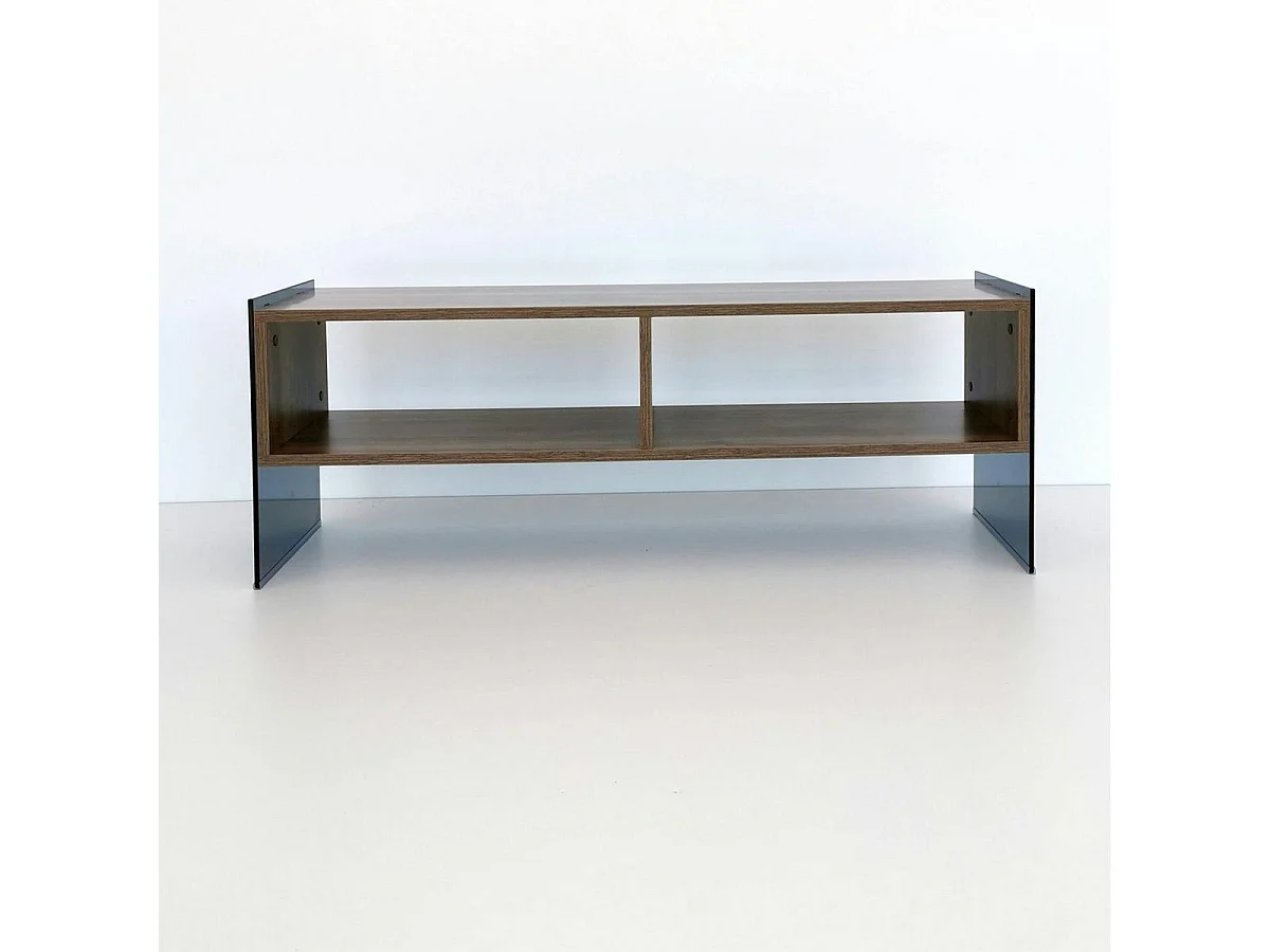 Meuble TV design montants verre fumé et décor noyer SALTA