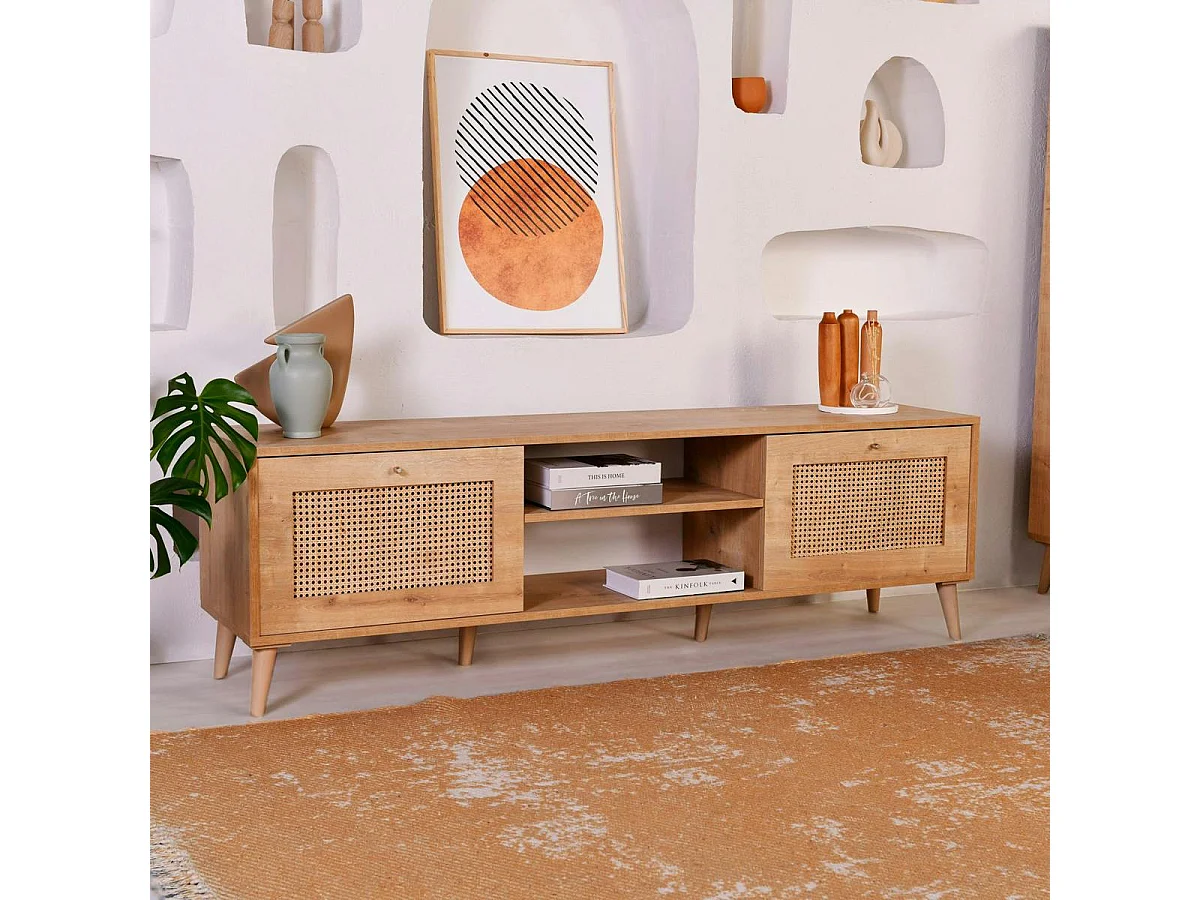 Meuble TV cannage 2 espaces rangement 2 niches MARFA