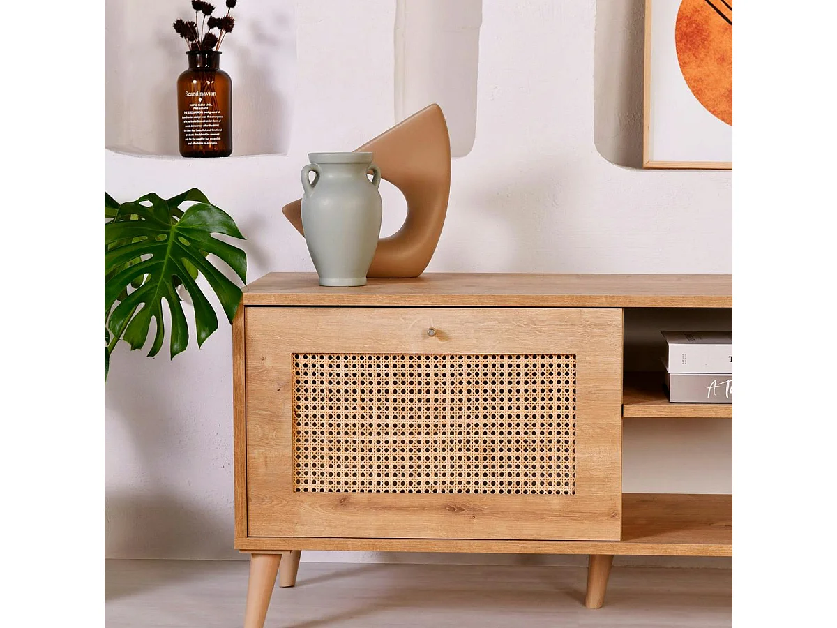 Meuble TV cannage 2 espaces rangement 2 niches MARFA