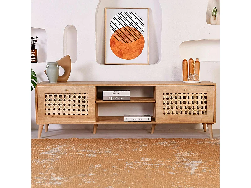 Meuble TV cannage 2 espaces rangement 2 niches MARFA