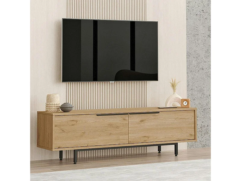 Meuble TV décor bois avec rangement pieds métal noir JENA