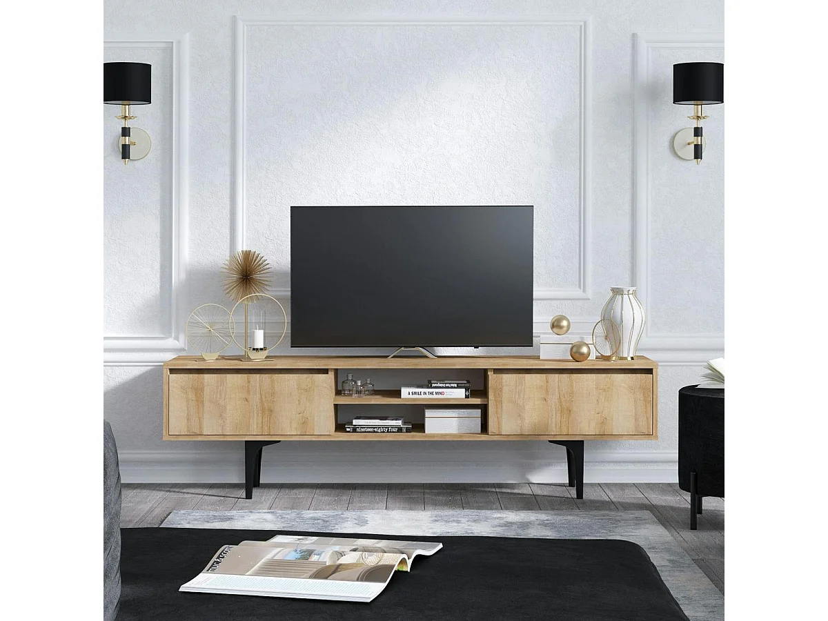Meuble TV scandinave décor bois 2 tiroirs coulissants UMEA