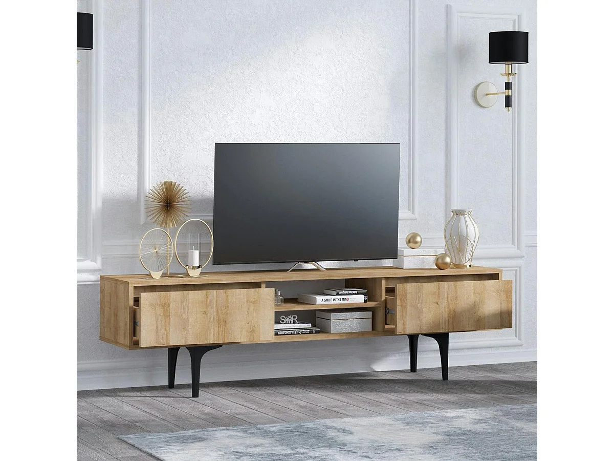 Meuble TV scandinave décor bois 2 tiroirs coulissants UMEA