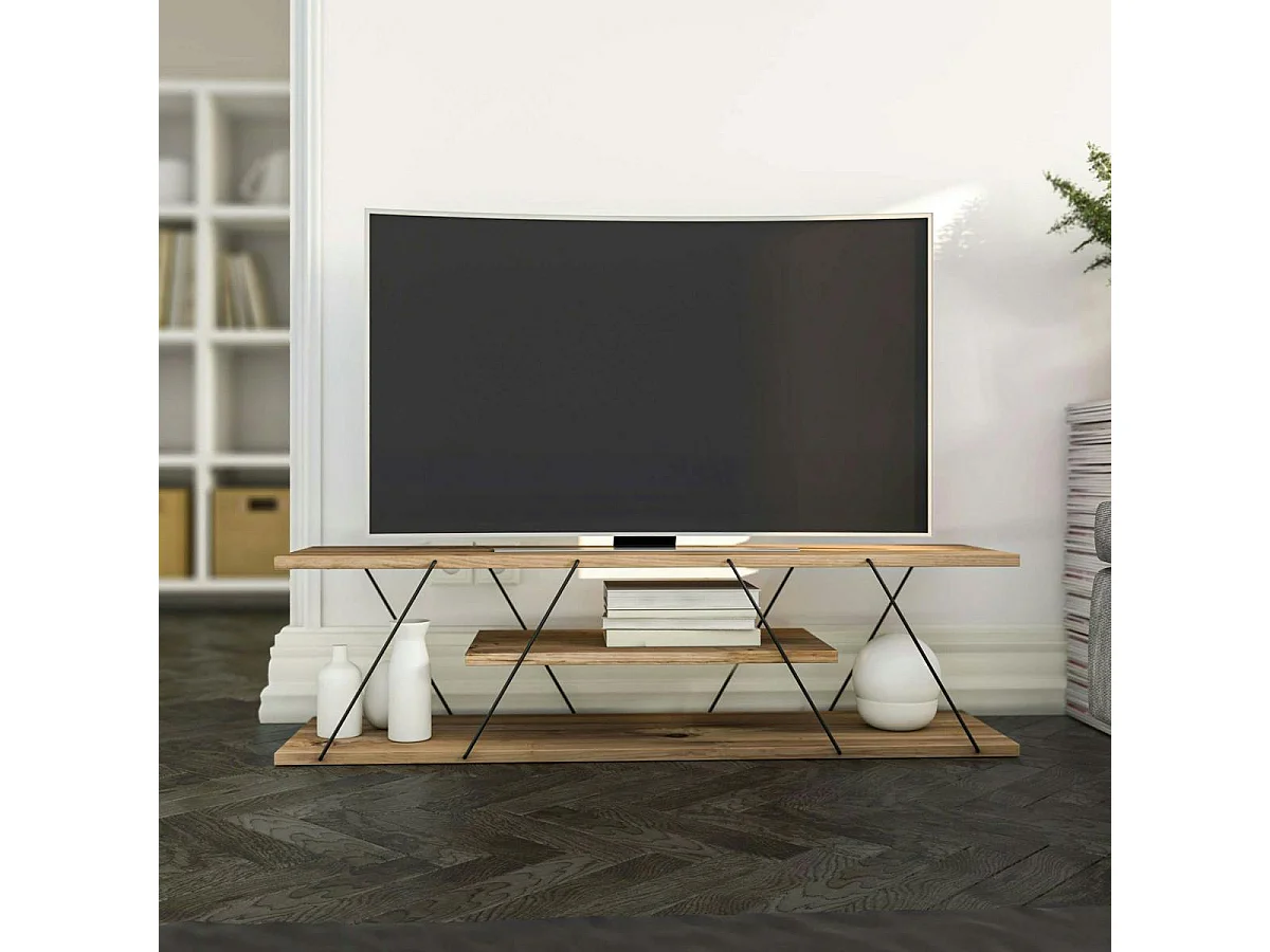 Banc TV filaire décor bois noyer et métal noir JENA