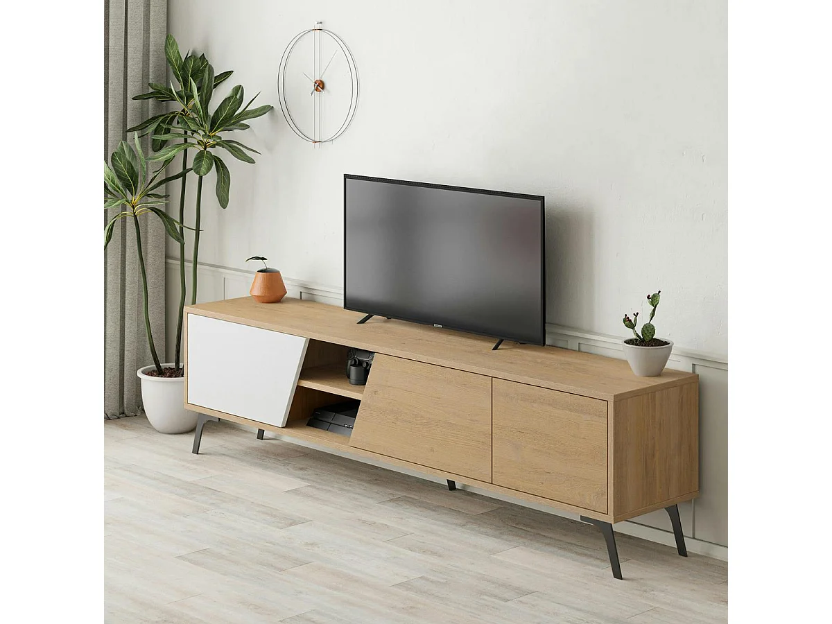 Meuble TV scandinave décor bois clair 1 porte blanche JENA