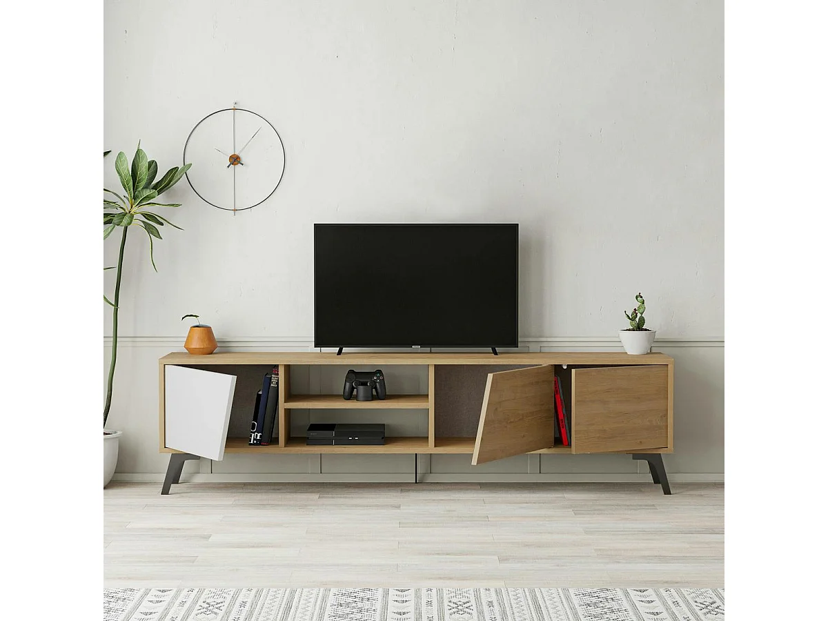 Meuble TV scandinave décor bois clair 1 porte blanche JENA