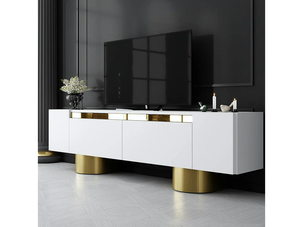 Meuble TV blanc et or design 2 portes abattantes JENA
