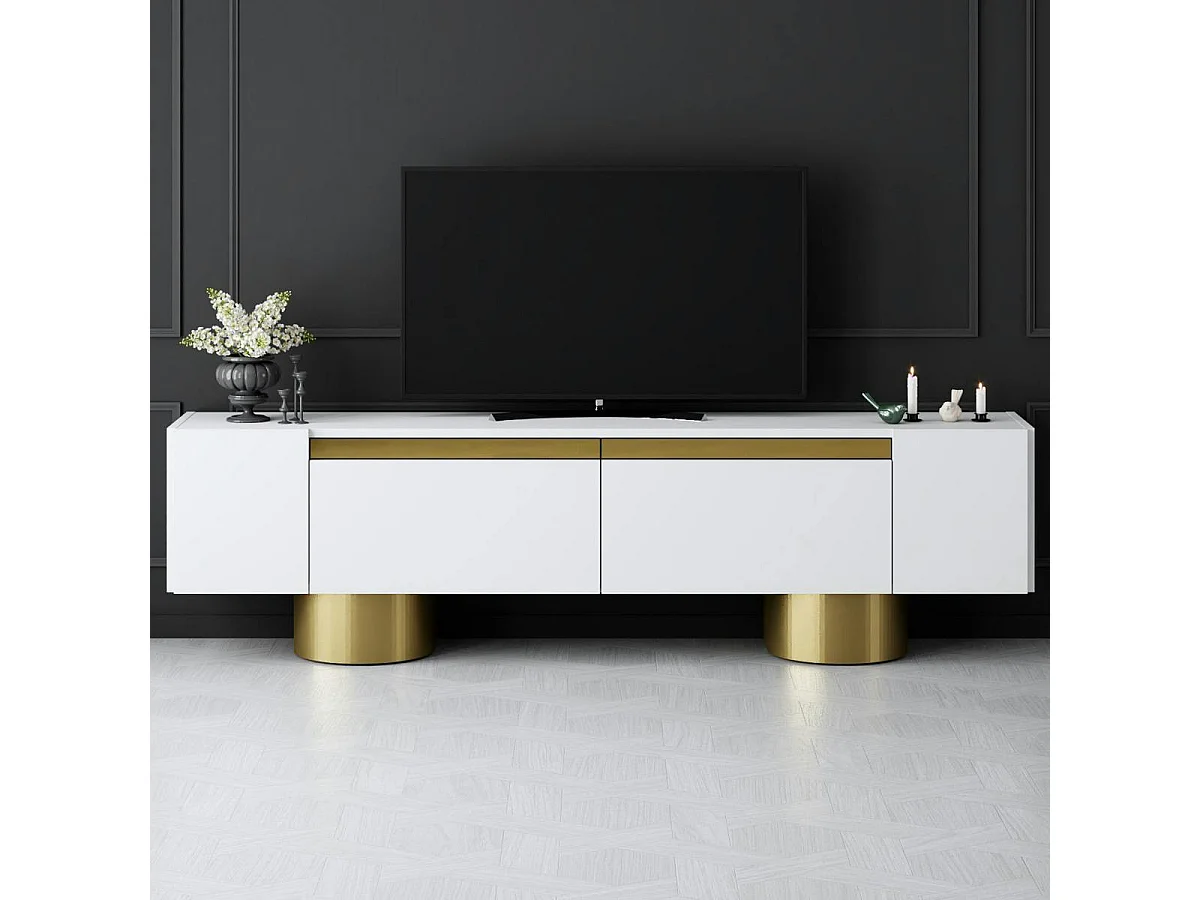 Meuble TV blanc et or design 2 portes abattantes JENA