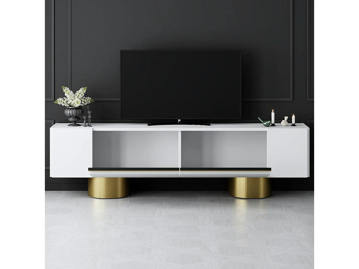 Meuble TV blanc et or design 2 portes abattantes JENA