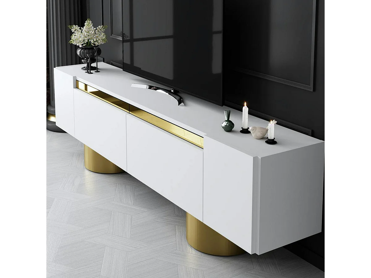 Meuble TV blanc et or design 2 portes abattantes JENA
