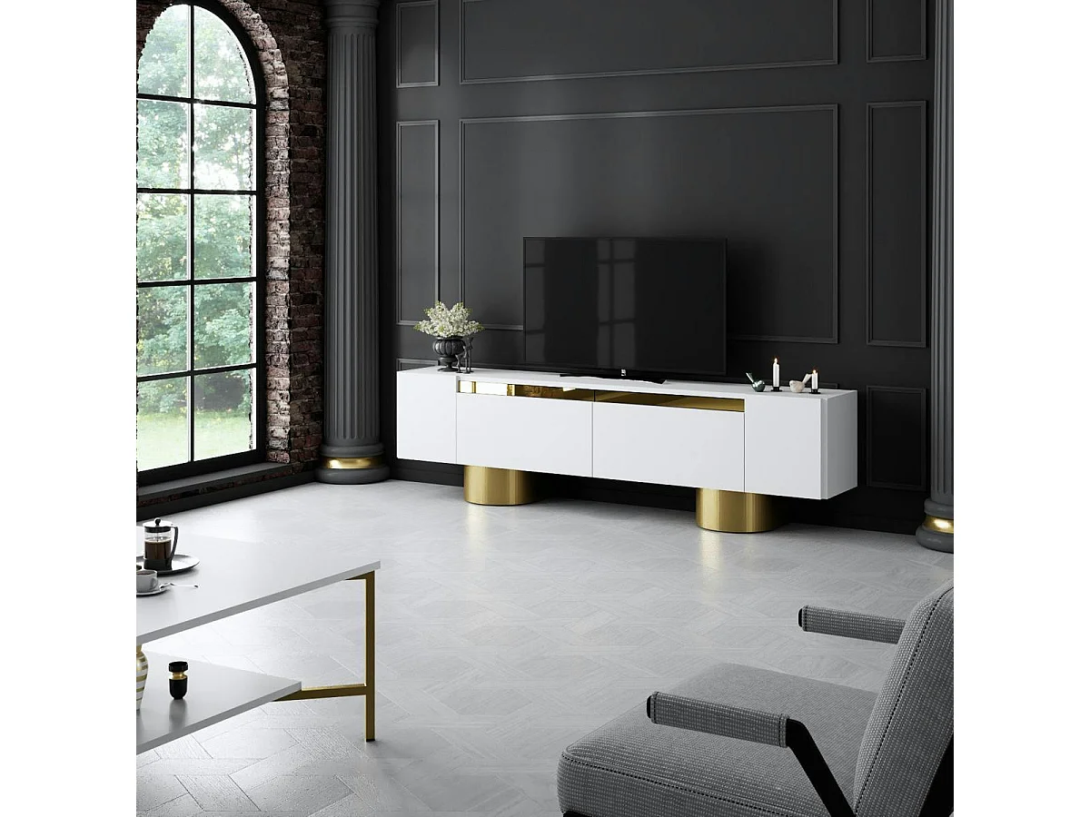 Meuble TV blanc et or design 2 portes abattantes JENA