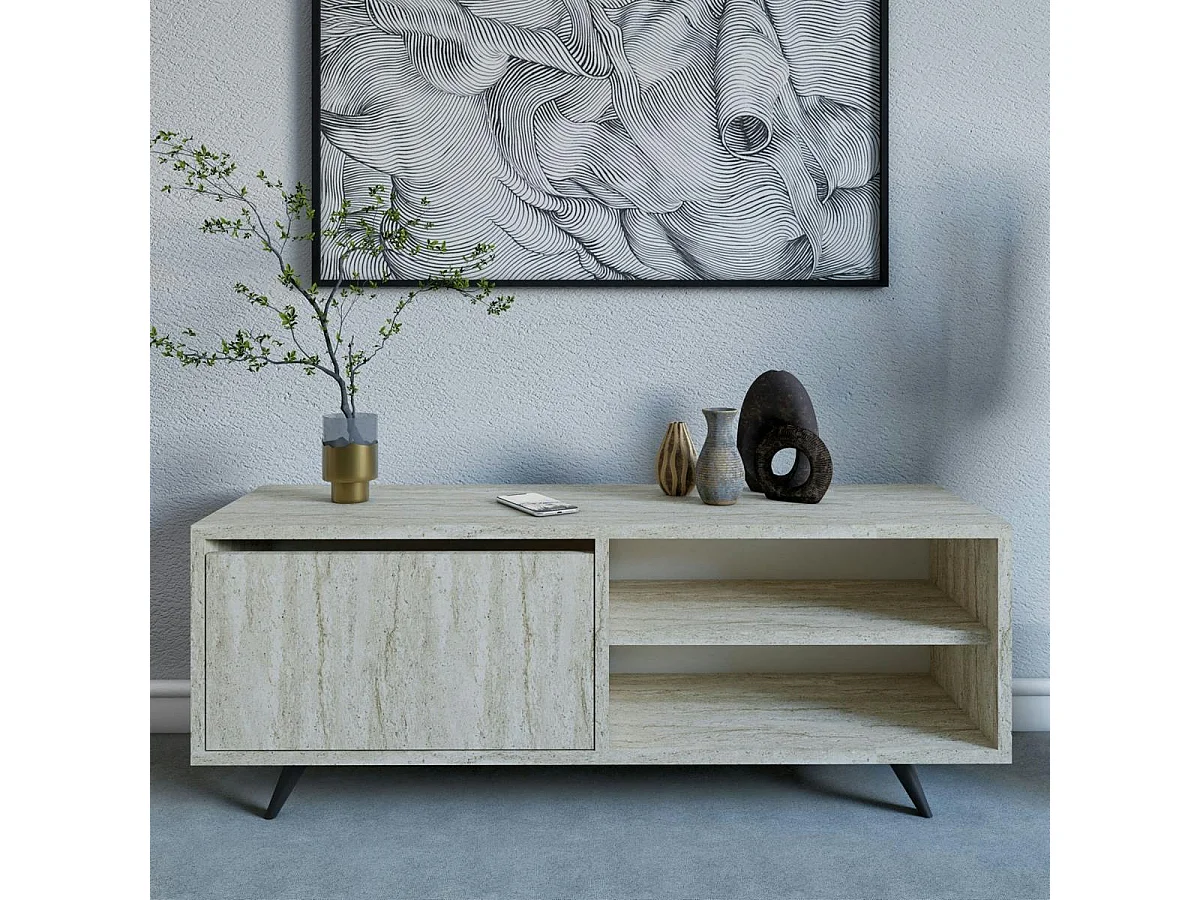 Meuble TV design décor travertin 1 porte 2 niches UMEA