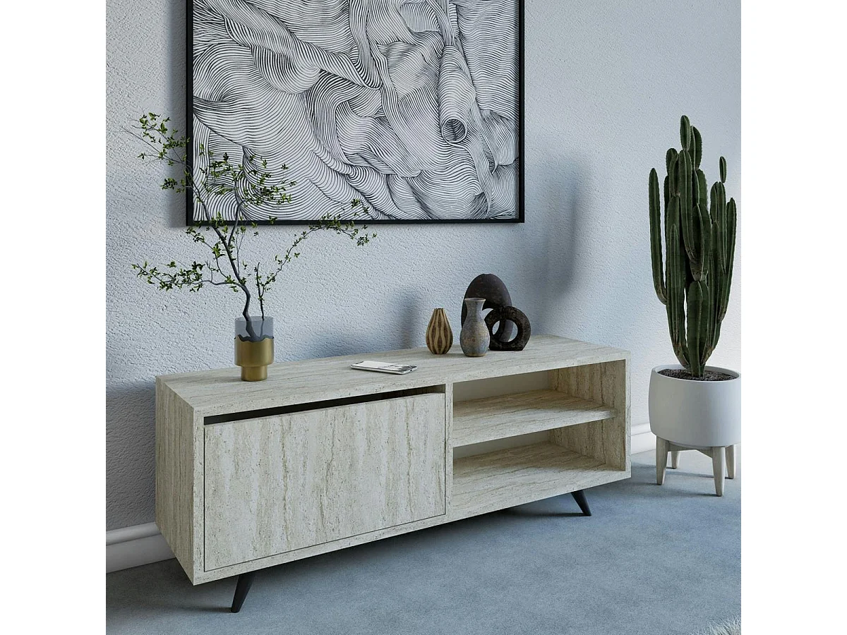 Meuble TV design décor travertin 1 porte 2 niches UMEA