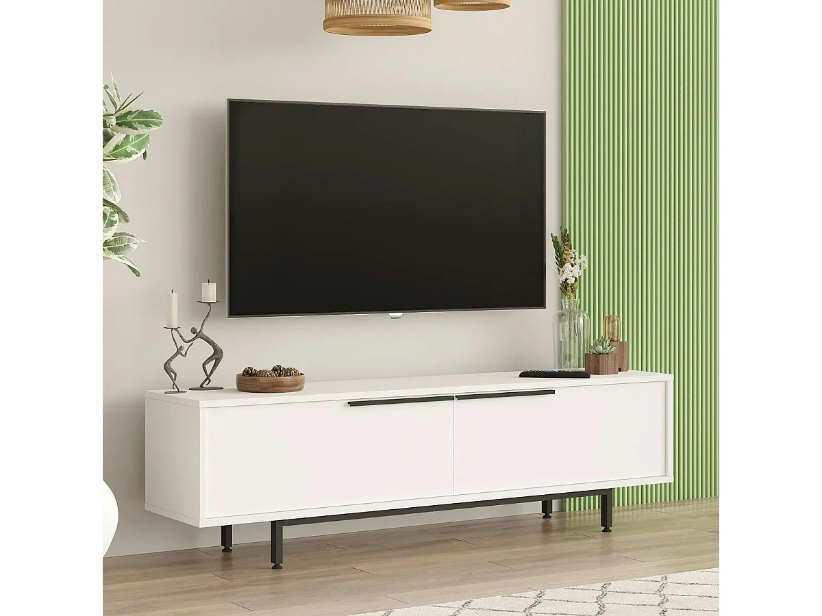 Meuble TV blanc avec rangement pieds métal noir JENA