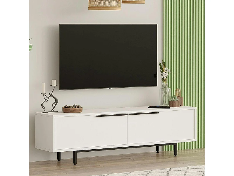 Meuble TV blanc avec rangement pieds métal noir JENA