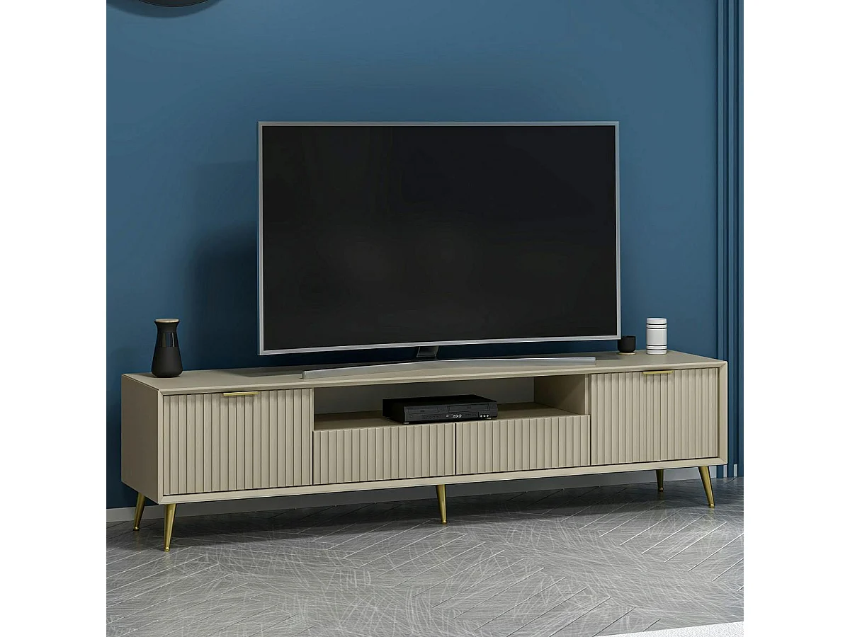 Meuble TV moderne beige façade rainurée pieds dorés MARFA