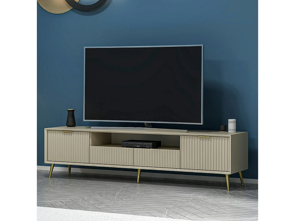 Meuble TV moderne beige façade rainurée pieds dorés MARFA