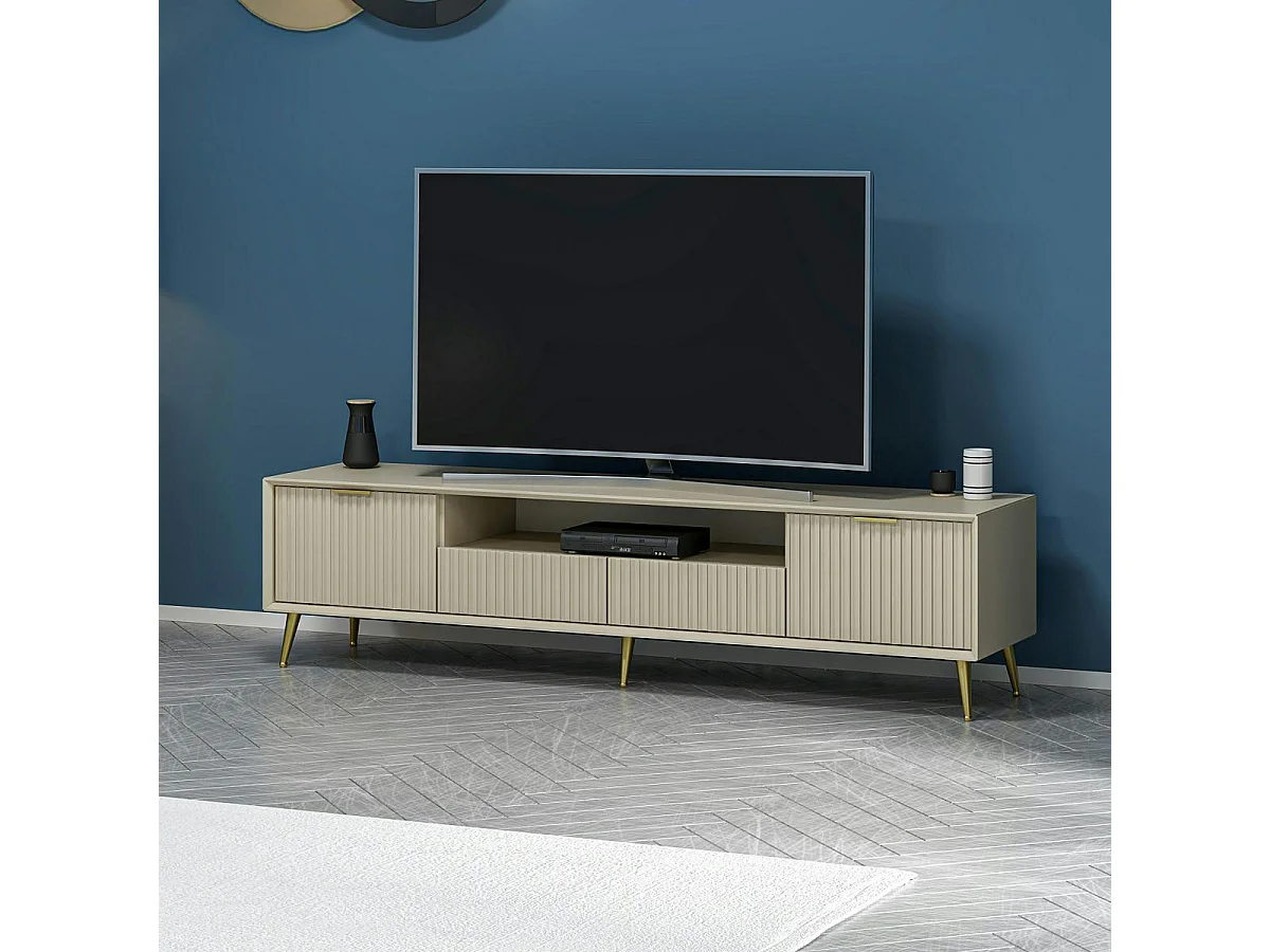 Meuble TV moderne beige façade rainurée pieds dorés MARFA