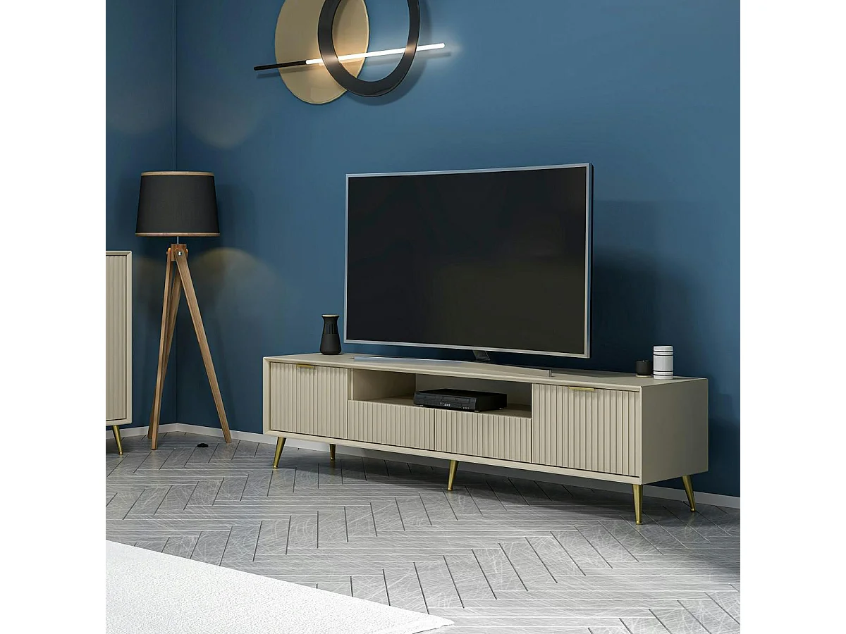 Meuble TV moderne beige façade rainurée pieds dorés MARFA
