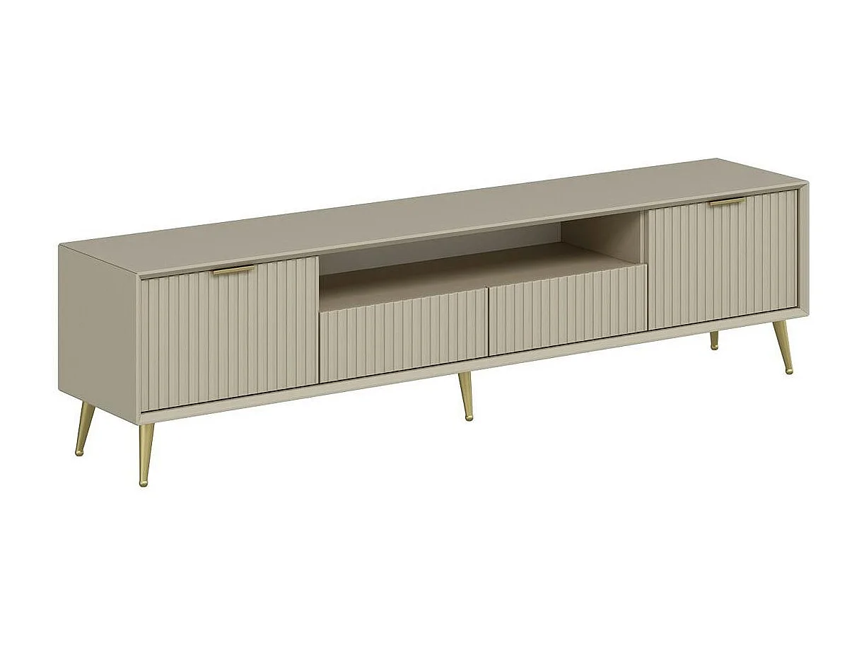Meuble TV moderne beige façade rainurée pieds dorés MARFA