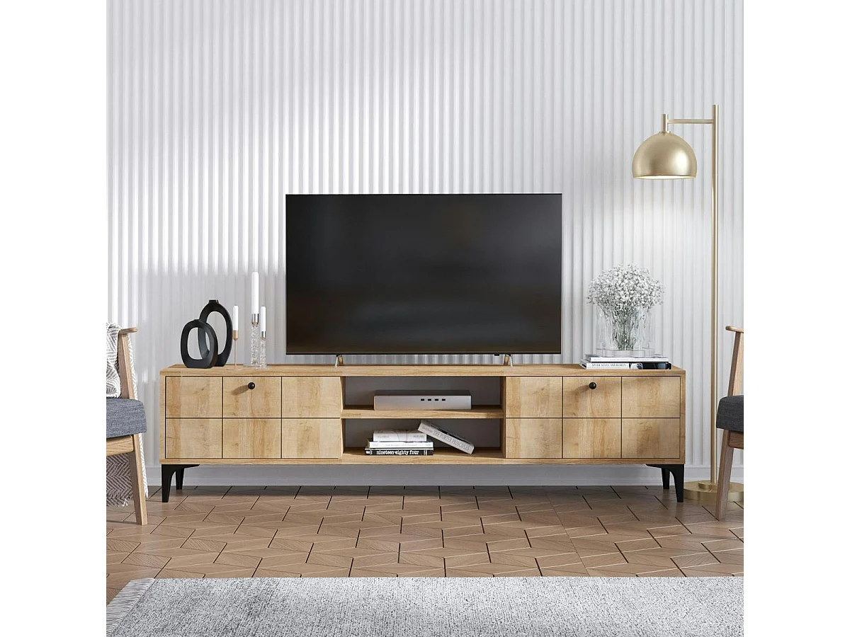 Banc TV avec rangement 2 portes décor bois motif damier UMEA