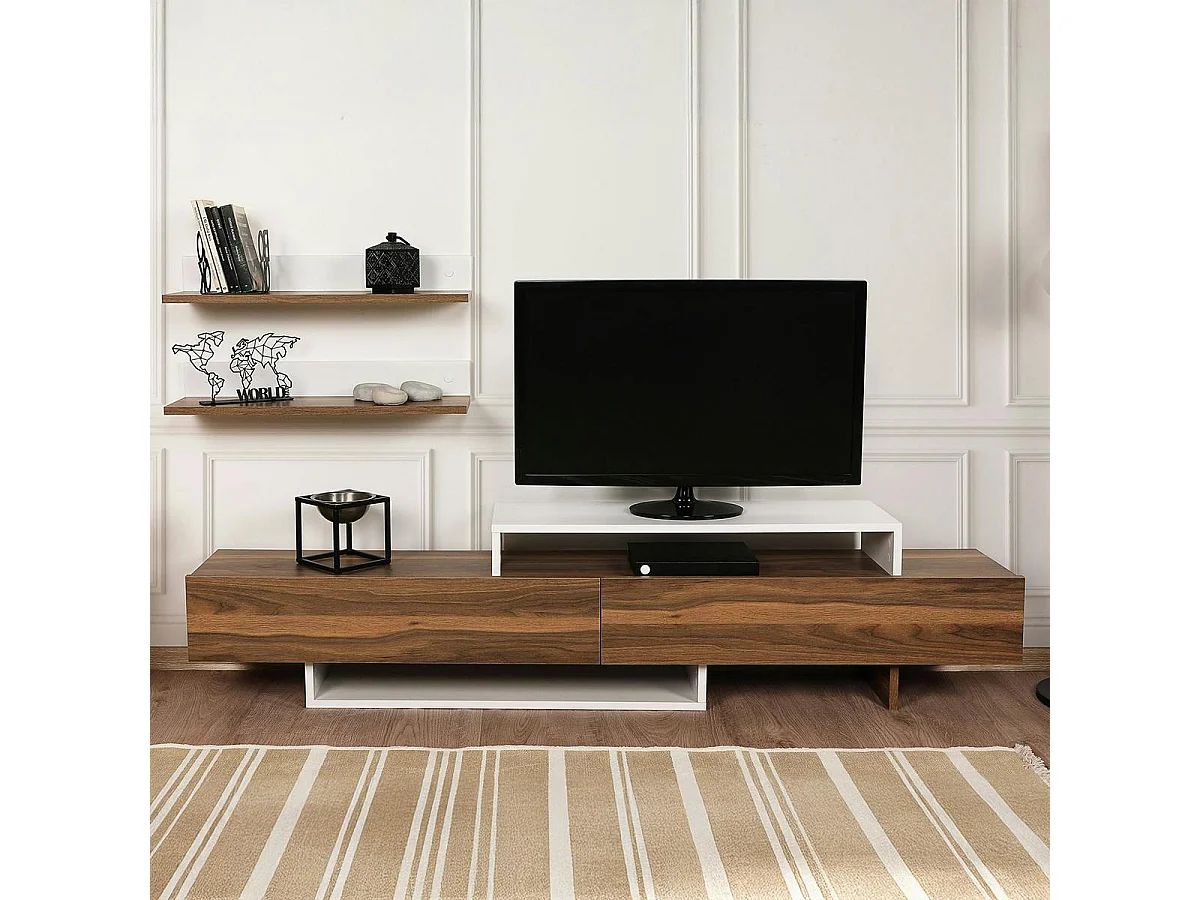 Ensemble meuble TV moderne décor noyer et blanc (3 pièces) MARFA